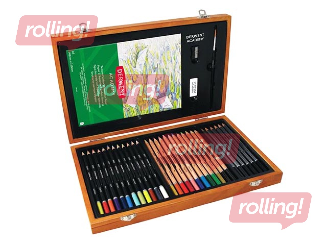 Värvipliiats Derwent Academy 30tk./12värvi-/12akvarell-/6 eskiis+kustukumm ,A5 plokk +pinstel