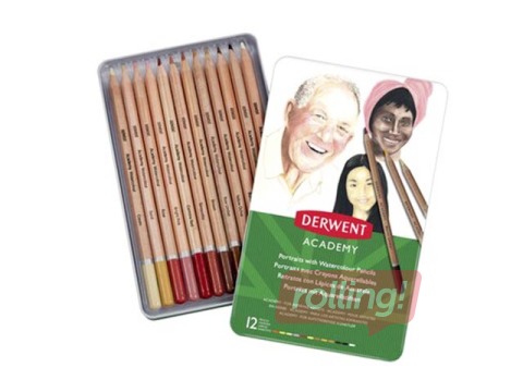 Akvarellpliiats Derwent Academy, nahatoonid, metallkarbis, 12 tk.