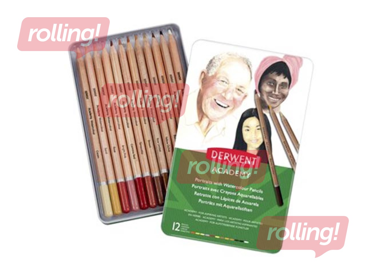 Akvarellpliiats Derwent Academy, nahatoonid, metallkarbis, 12 tk.
