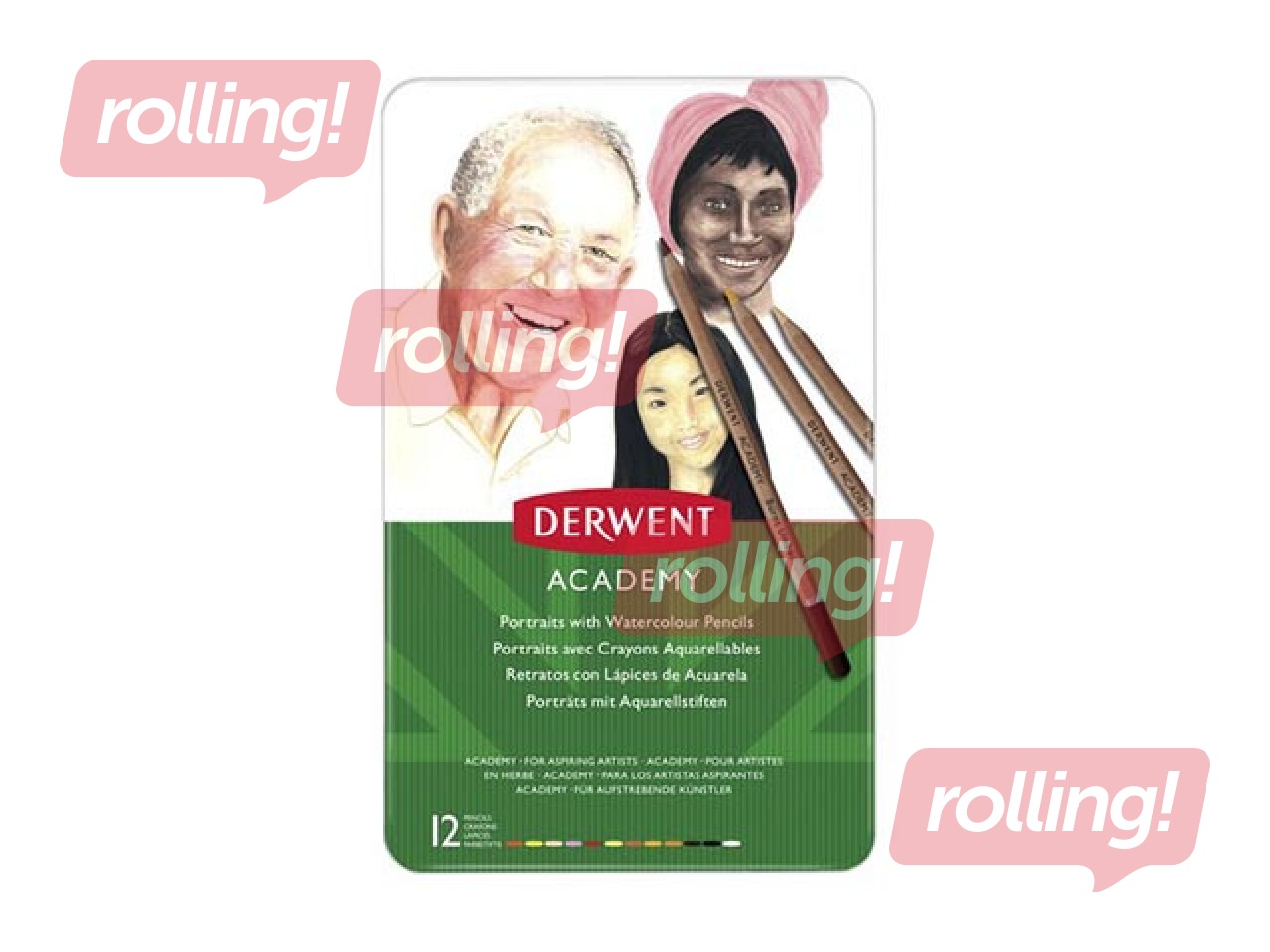 Akvarellpliiats Derwent Academy, nahatoonid, metallkarbis, 12 tk.