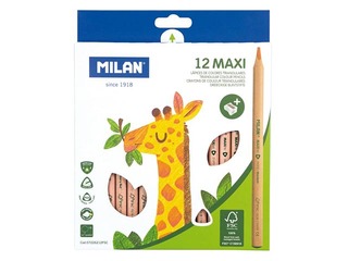 Coloured pencils MILAN 12 colours, triangular, Maxi, FSC®-certified wood + sharpener