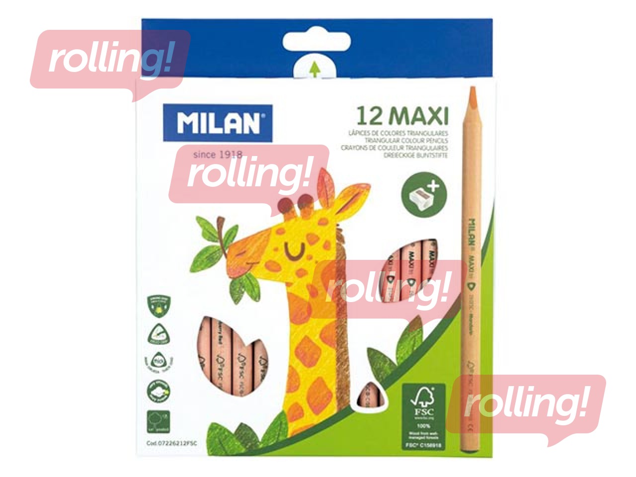 Krāsainie zīmuļi MILAN 12 krāsas, trīsstūra, Maxi, dabīga koka
