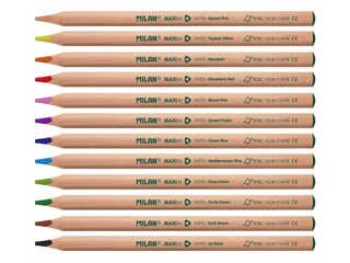 Värvilised pliiatsid MILAN 12 värvi, kolmnurksed, Maxi, FSC® sertifikaadiga puit + teritaja