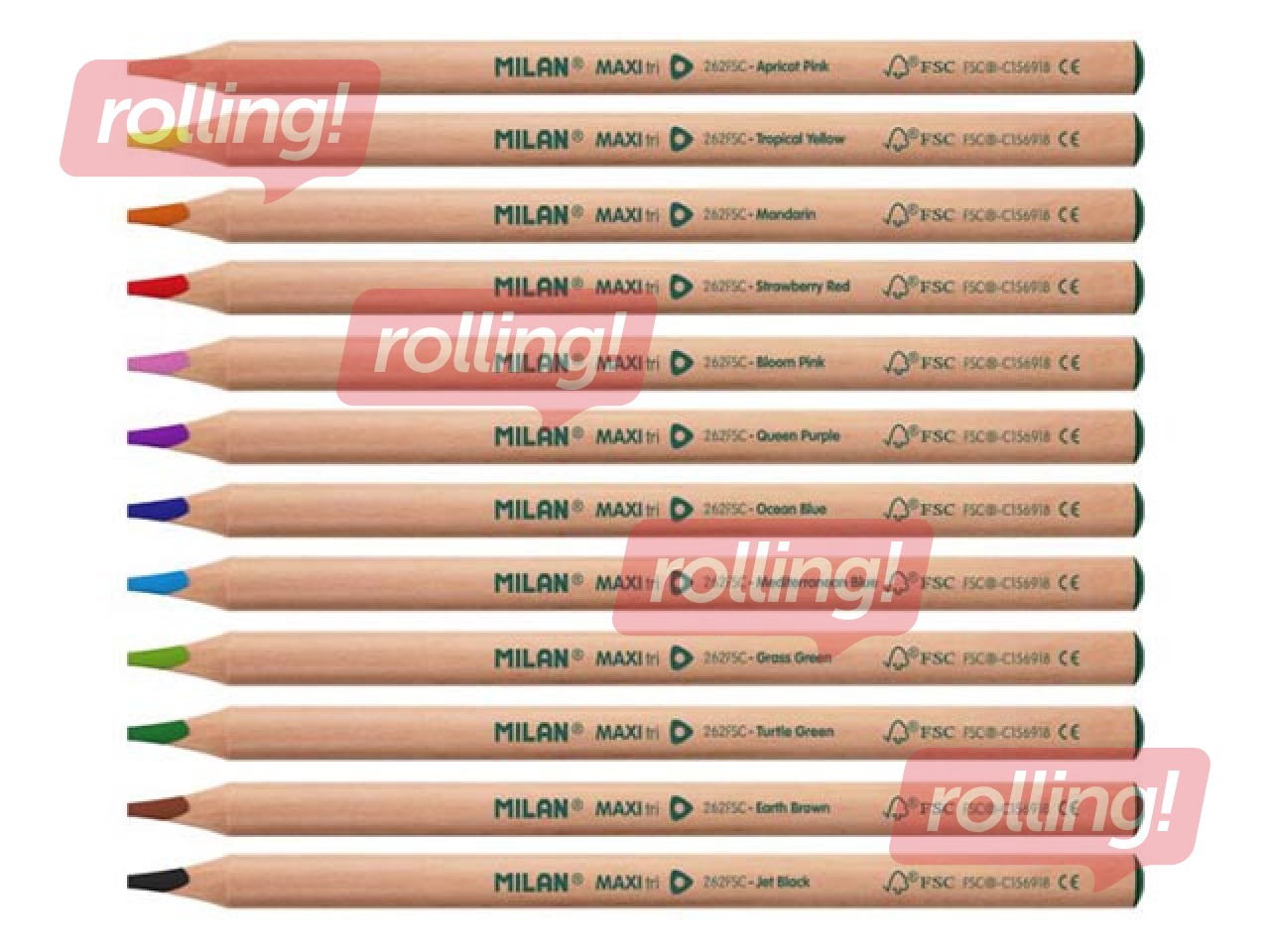 Värvilised pliiatsid MILAN 12 värvi, kolmnurksed, Maxi, FSC® sertifikaadiga puit + teritaja