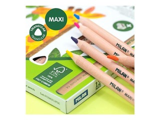 Värvilised pliiatsid MILAN 12 värvi, kolmnurksed, Maxi, FSC® sertifikaadiga puit + teritaja