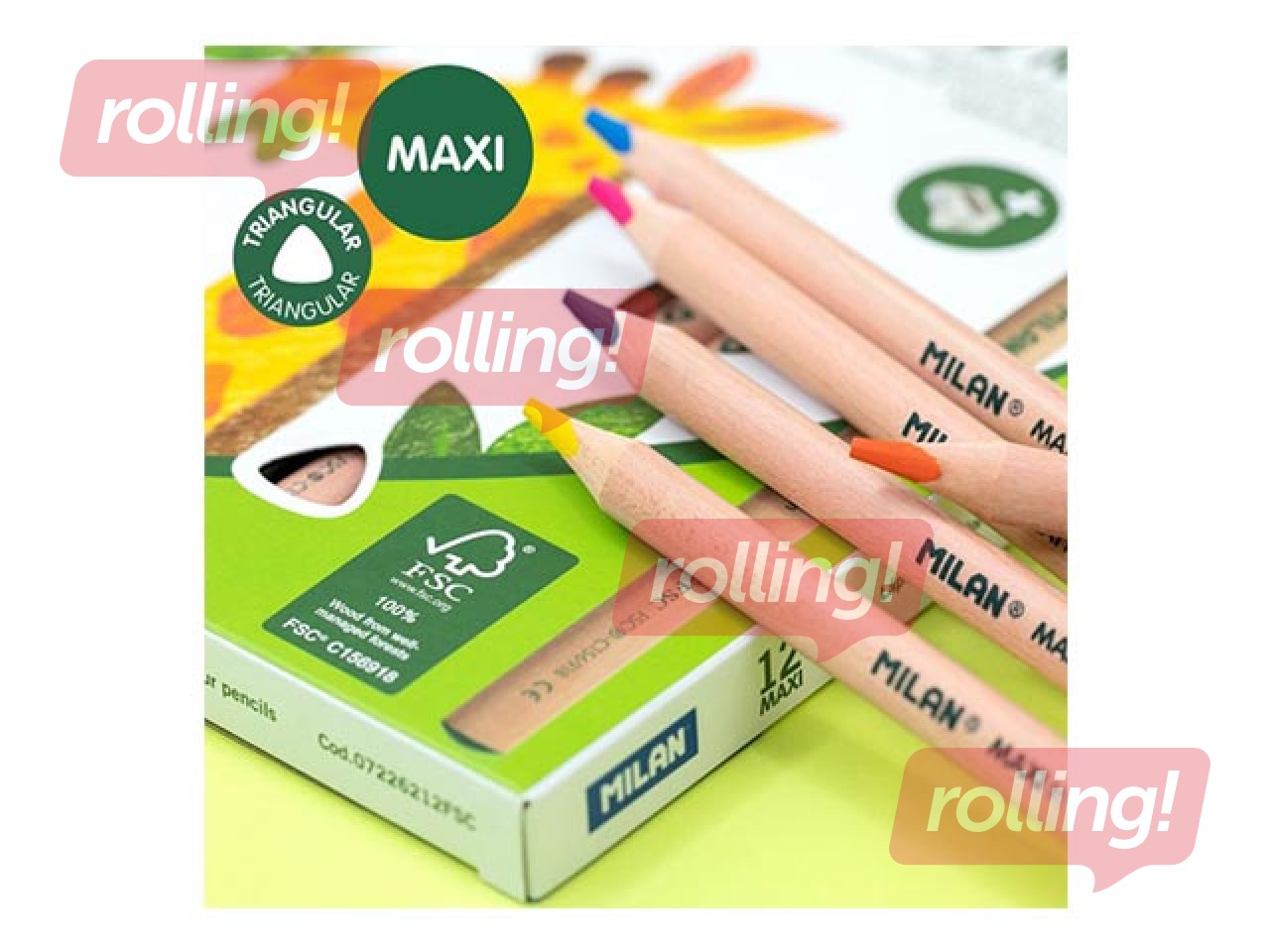 Värvilised pliiatsid MILAN 12 värvi, kolmnurksed, Maxi, FSC® sertifikaadiga puit + teritaja