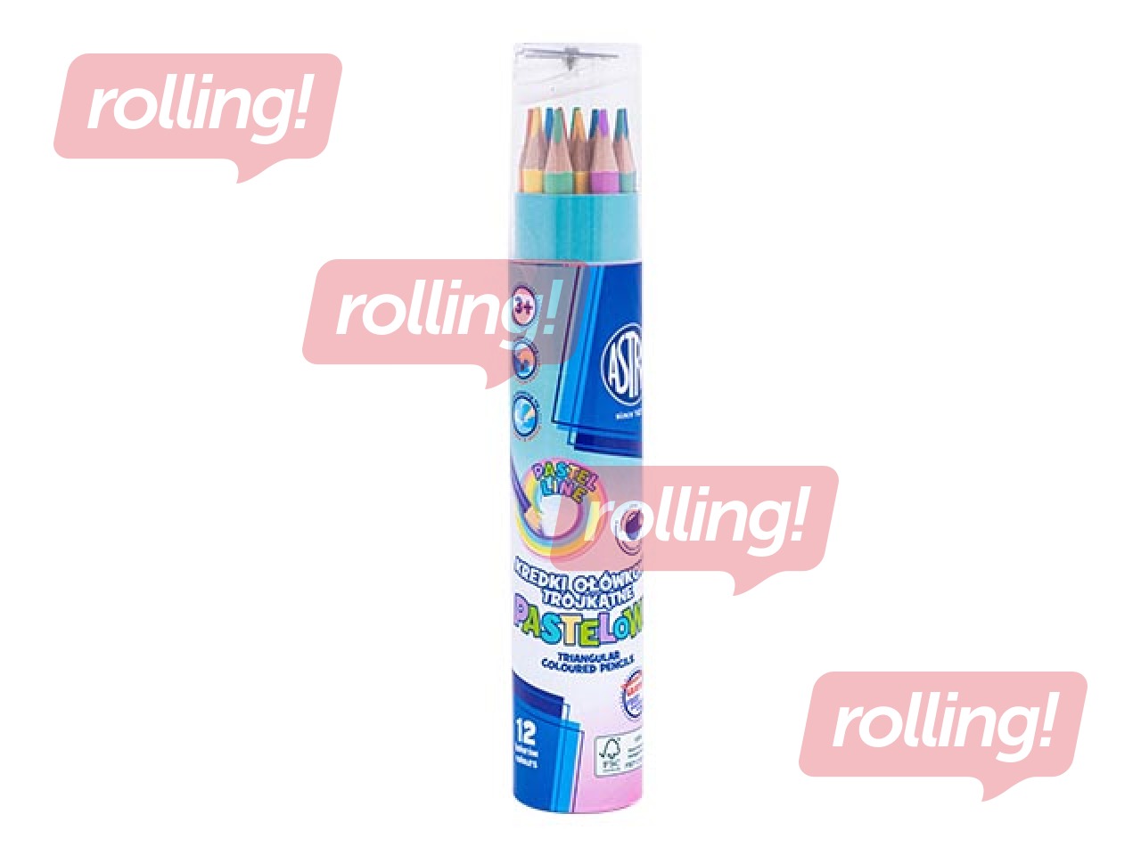 Triangular pencils Astra in tube with sharpener, 12 pastel colours