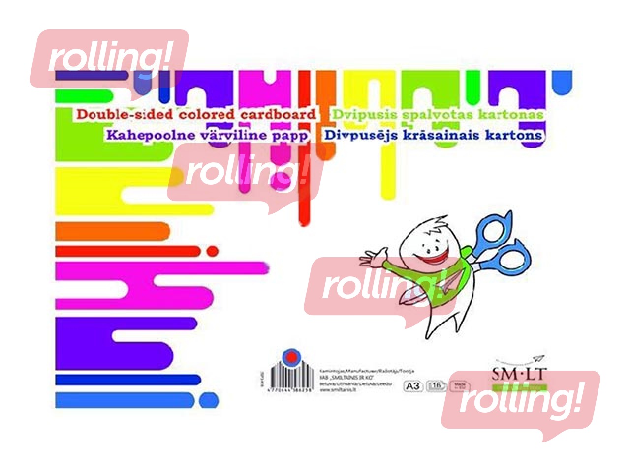 Kartons divpusējs, A3, dažādas krāsas, 190g/m², 16 loksnes