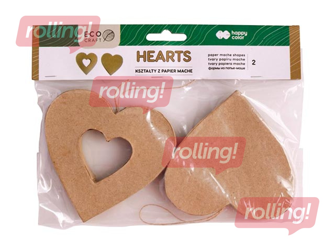 Cardboard decoration Happy Color, Hearts, 10x10x2.5cm, 2 pcs.