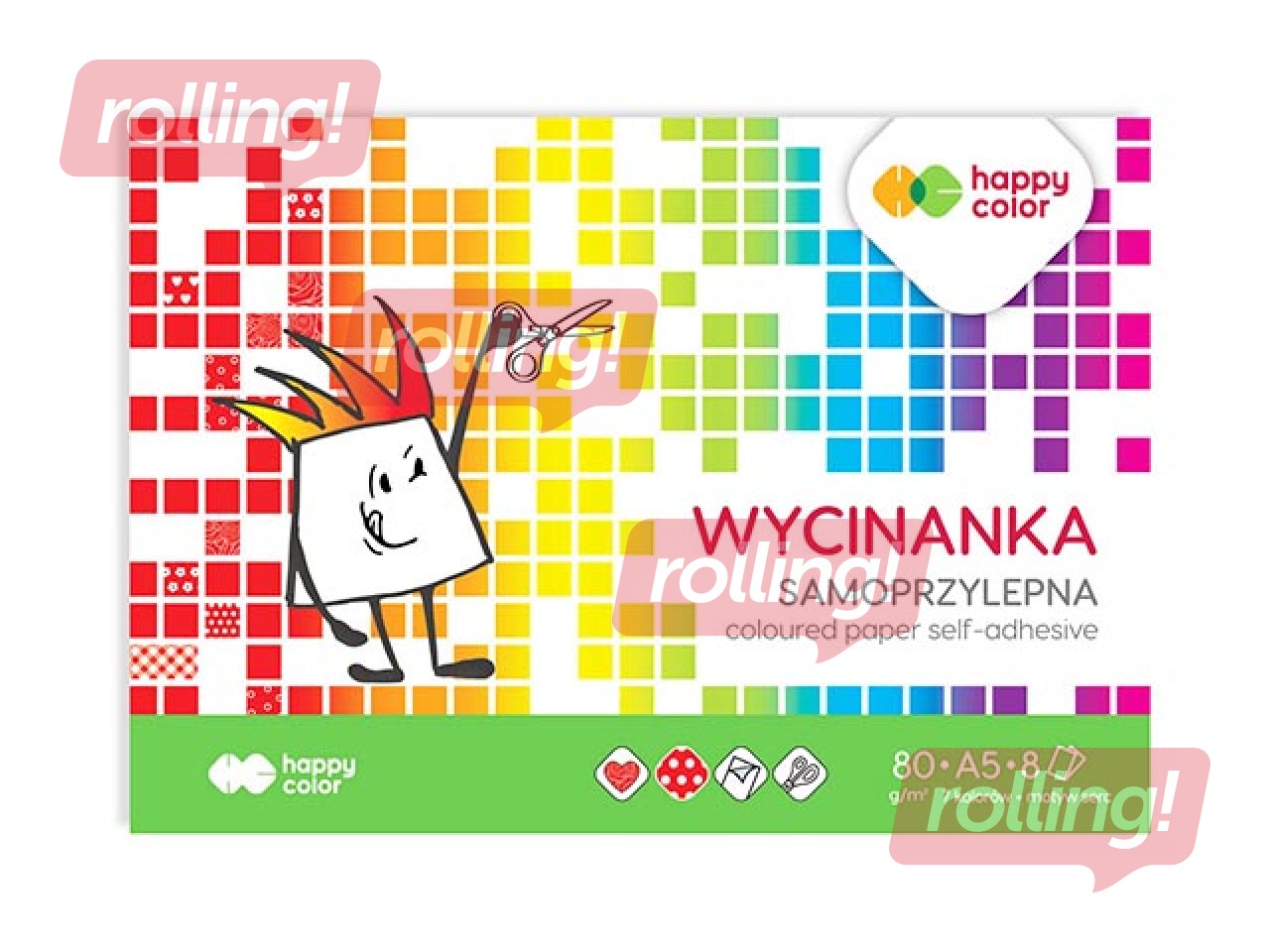 Värviline läikiv paber, isekleepuv Happy Color, A5, erinevad värvid, 8 lehte
