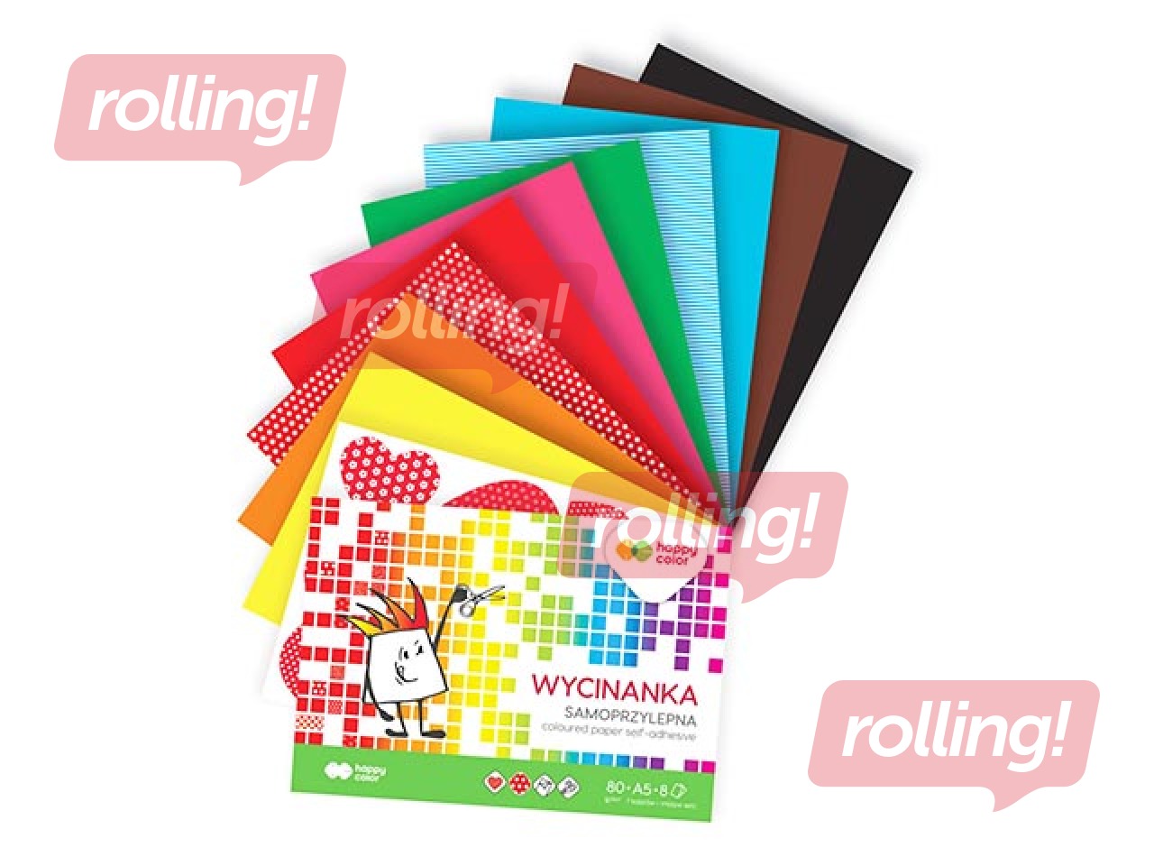 Värviline läikiv paber, isekleepuv Happy Color, A5, erinevad värvid, 8 lehte