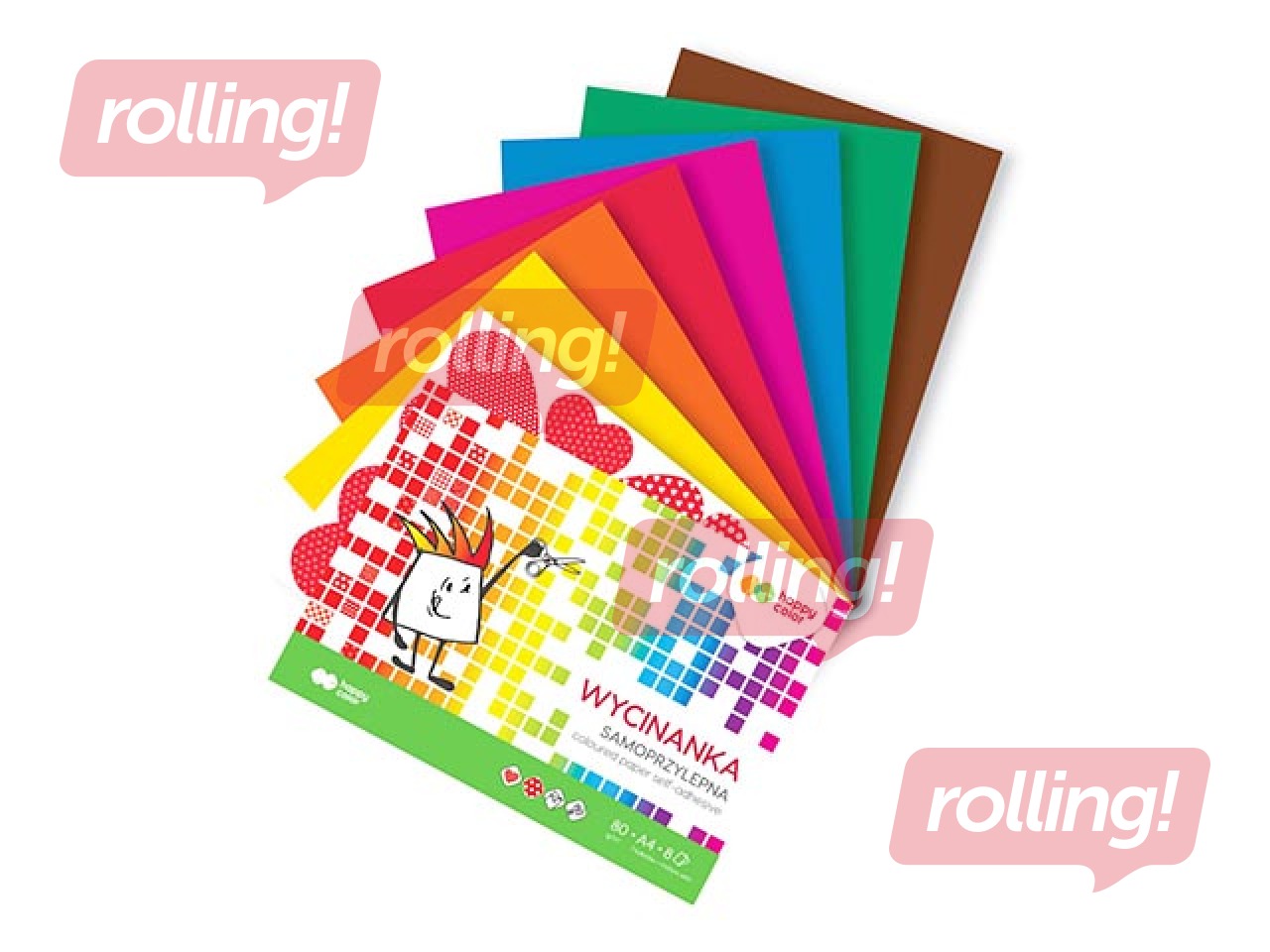 Аппликационная бумага глянцевая Happy Color, A4, самоклеящаяся, разные цвета, 8 листов