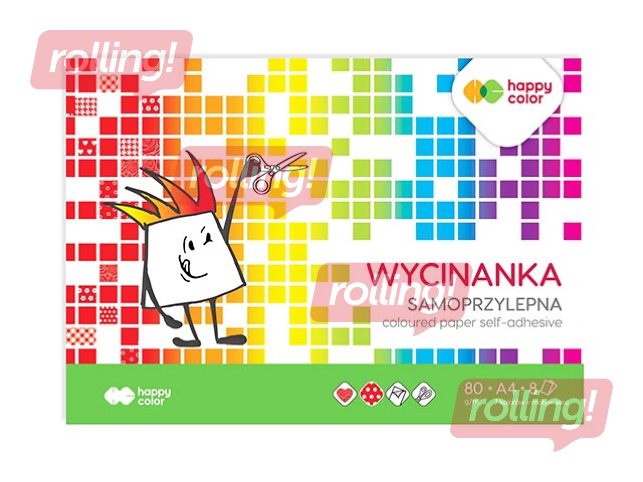Värviline läikiv paber, isekleepuv Happy Color, A4, erinevad värvid, 8 lehte