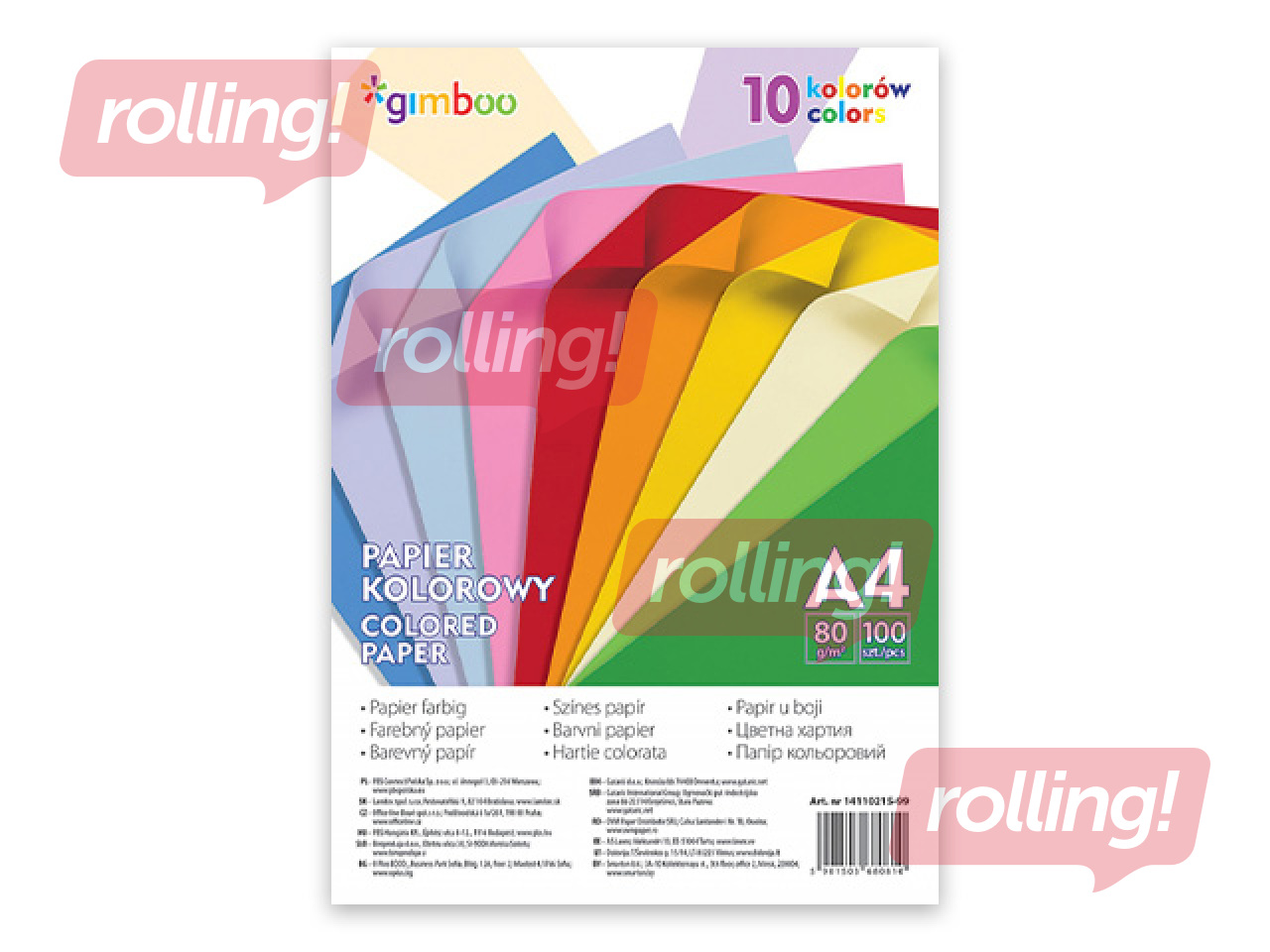 Krāsains papīrs Gimboo, A4, 80g/m2, 100 loksnes, 10 neona krāsas