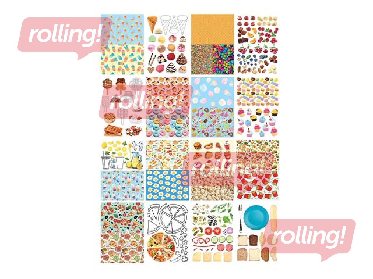 Dizaina papīrs ar motīvu Food A4, 80 g/m², 16 loksnes, 27 ēdienu motīvi