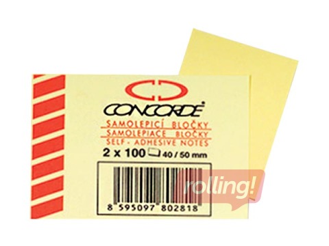 Märkmepaber Concorde, iseliimuv, kollane, 50x40mm, 2x100 lehte