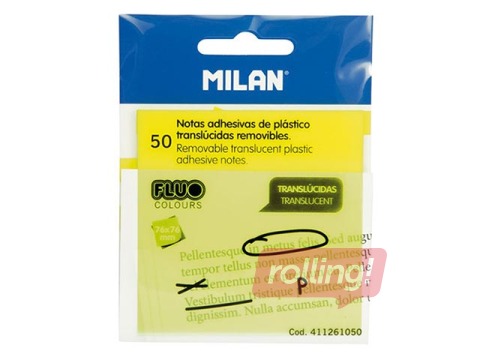 Liimiribaga paberid Milan, poolläbipaistev, neoonkollane, 76x76mm, 50 lehte