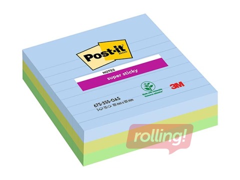 Märkmepaber Post-It Super Sticky, jooneline, erinevad värvids, 100x100mm, 3x70 lehte