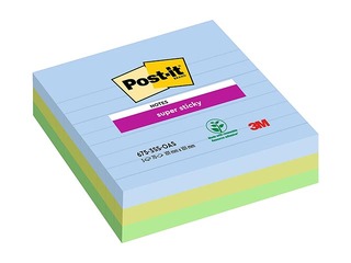Märkmepaber Post-It Super Sticky, jooneline, erinevad värvids, 100x100mm, 3x70 lehte