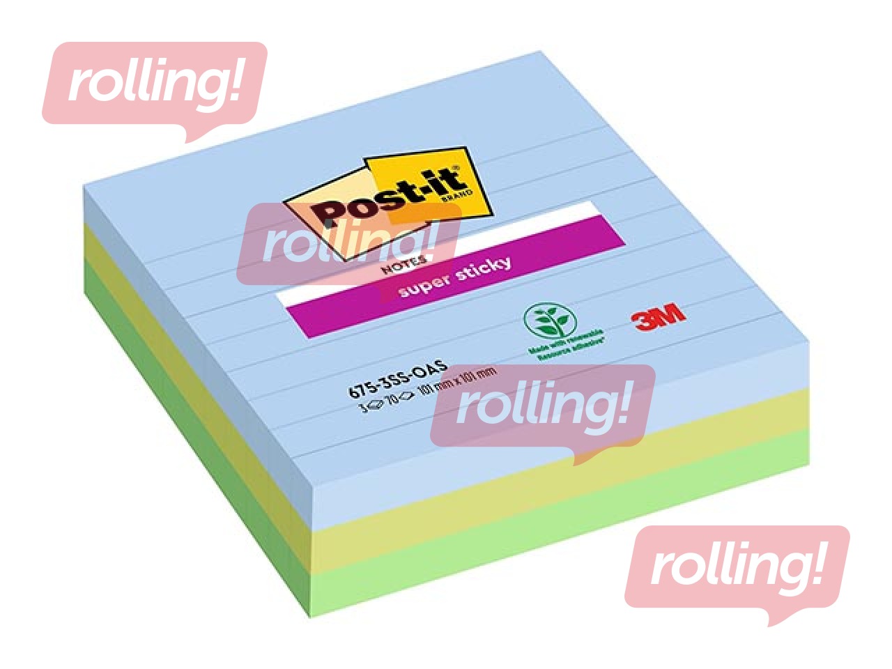 Märkmepaber Post-It Super Sticky, jooneline, erinevad värvids, 100x100mm, 3x70 lehte