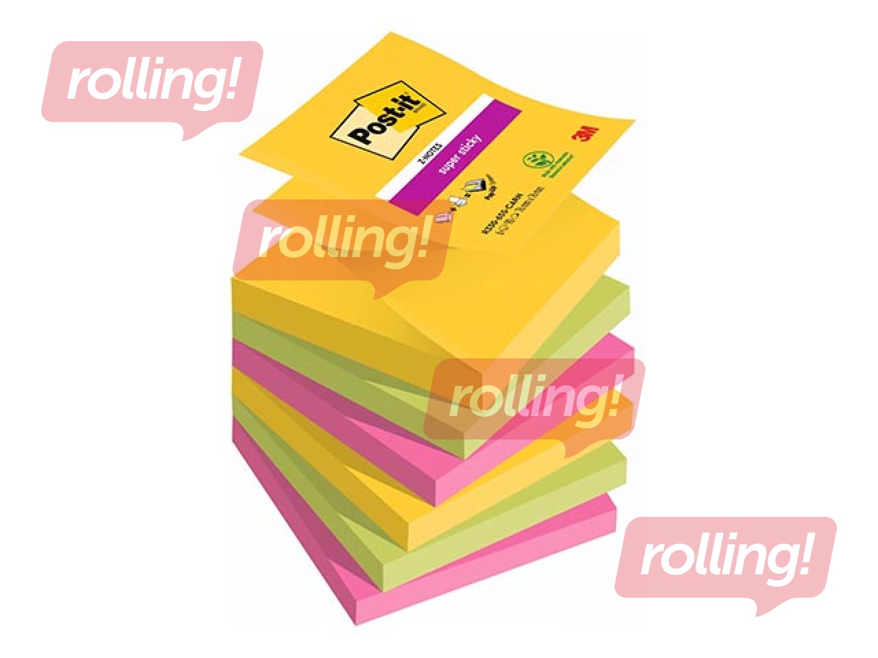 Liimiribaga paberid Z-tüüpi, Post-it Super Sticky Carnival, 76 x 76 mm, 6 x 90 + KAMPAANIA! Ost