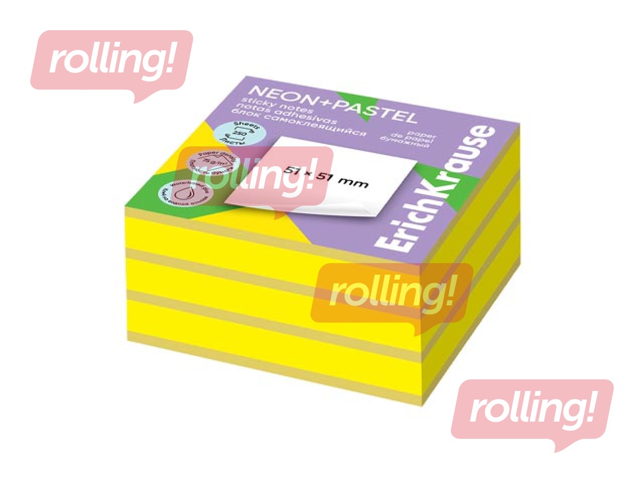 Sticky note cube ErichKrause, neon+pastel yellow, 51x51mm, 250 sheets