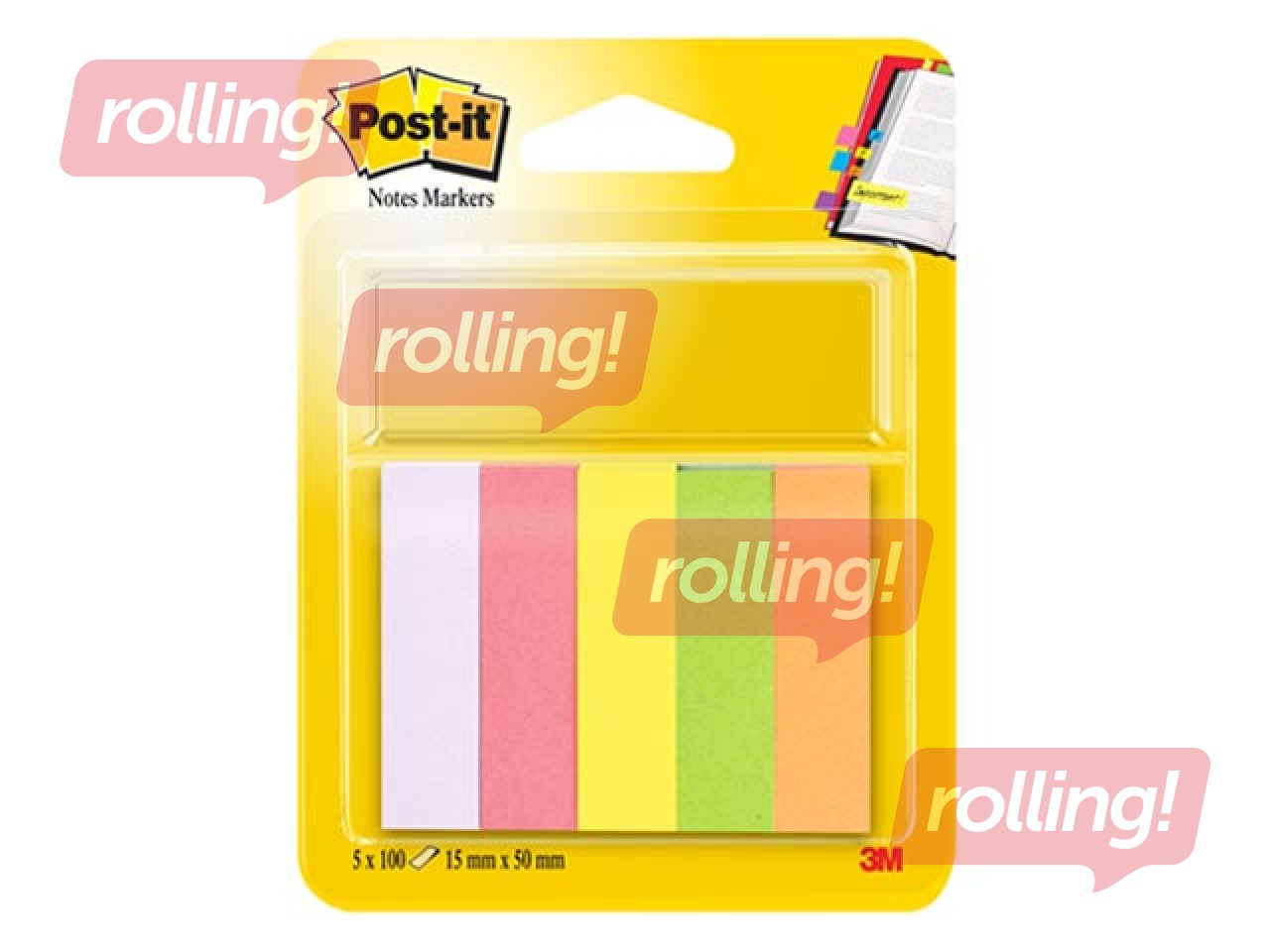Paberist järjehoidjakleepsud Post-it, erinevad värvid, 15x50mm, 5x100 lehte