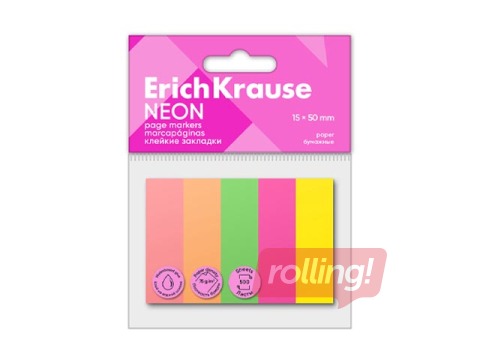 Закладки ErichKrause, бумажные, неоновые цвета, 15x50мм, 5 цветов по 100 листов