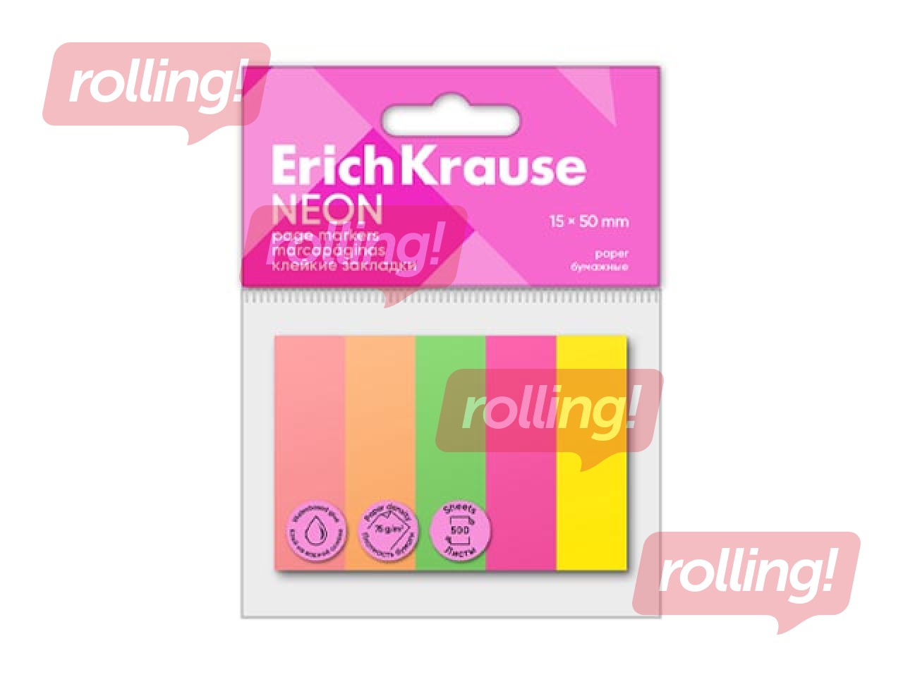 Закладки ErichKrause, бумажные, неоновые цвета, 15x50мм, 5 цветов по 100 листов