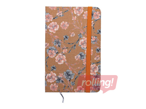 Piezīmju grāmata cietos vākos Flowers, ar gumiju, oranža, A7, 80 lapas