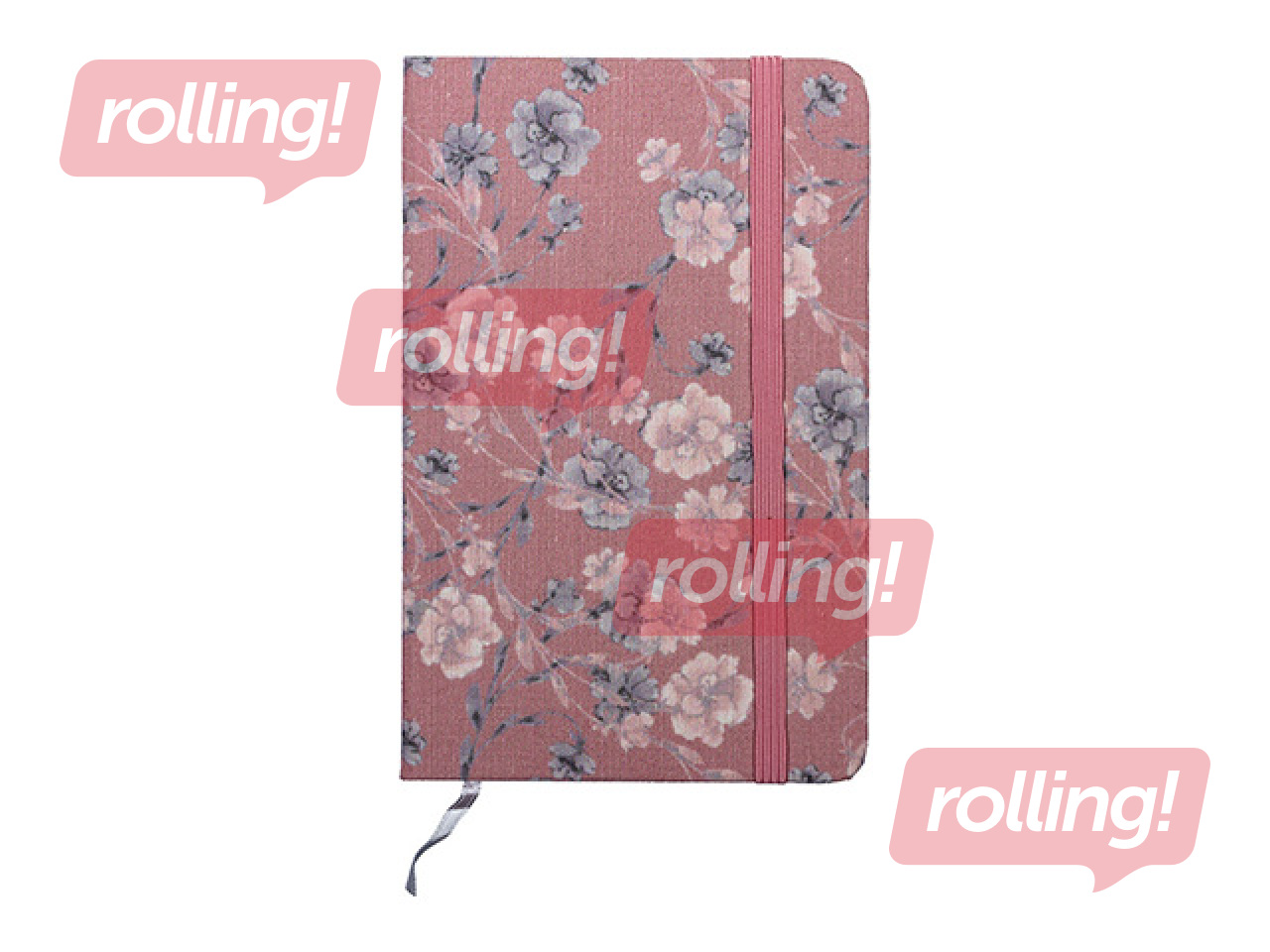 Piezīmju grāmata cietos vākos Flowers, ar gumiju, rozā, A7, 80 lapas