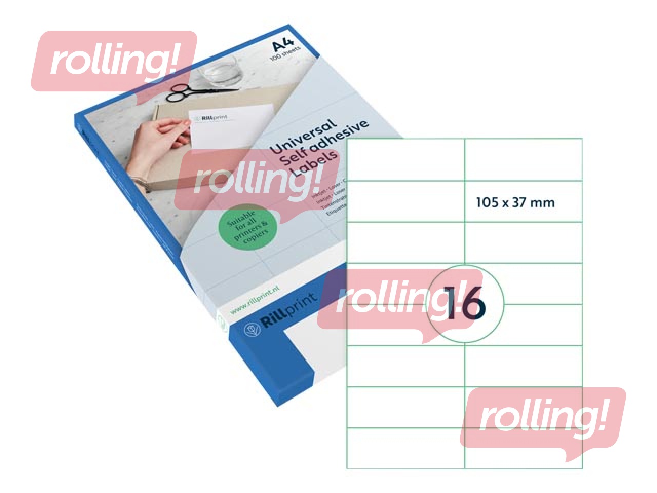 Etiketid Rillprint, A4, 105x37 mm, 100 lehte, valge 