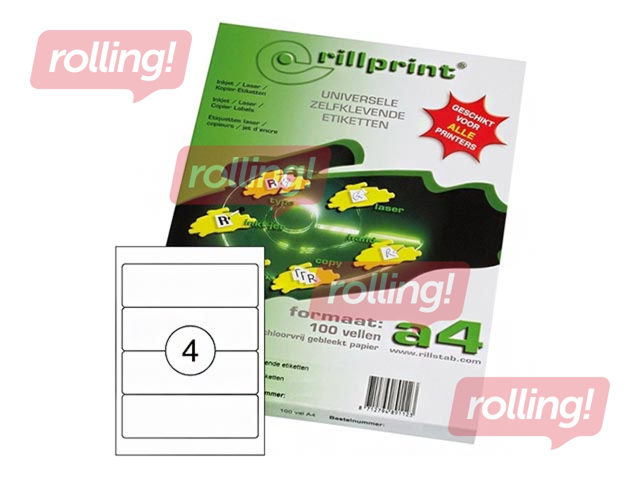 Etiketid Rillprint, A4, 192x62 mm, 100 lehte, valge 