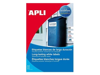 Наклейки APLI, A4, 210x297 мм, 20 листов, полиэстер, белые