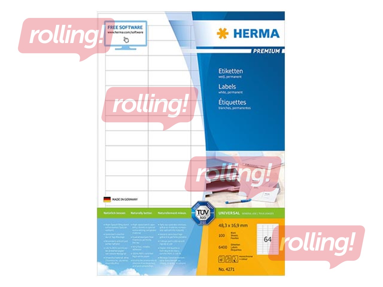 Etiketid Herma Premium, A4, 48,3 x 16,9 mm, 100 lehte, valge