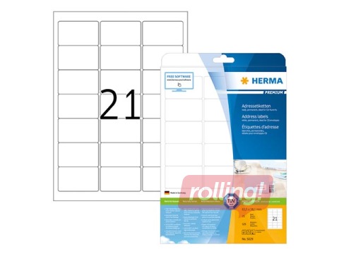 Kleebised Herma A4, 63,5x38,1 mm, 25 lehte, valged, vastupidavad