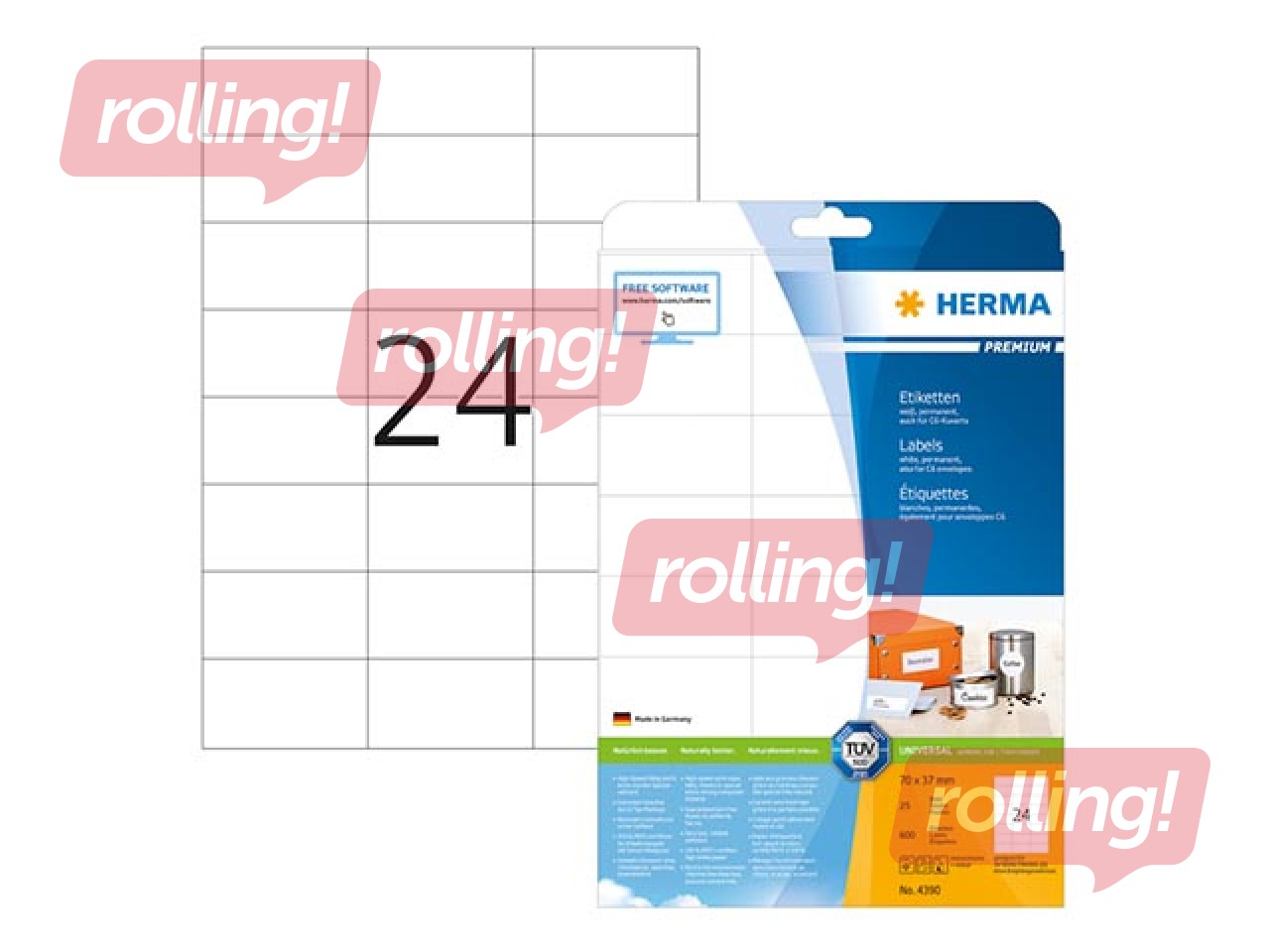 Kleebised Herma Premium A4, 70 x 37 mm, 25 lehte, vastupidavad, valged
