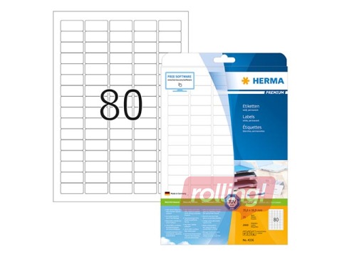 Наклейки Herma  Premium A4, 35.6x16.9 мм, 25 листов, белые, устойчивые 