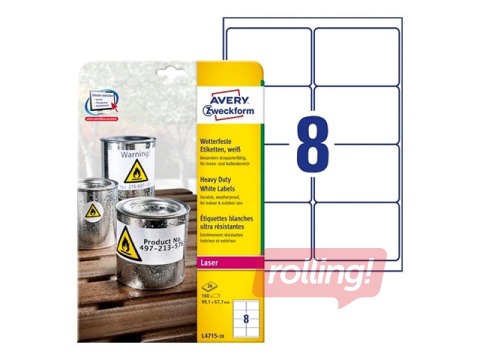 Kleebised AVERY Zveckform Heavy Duty, A4, 20 lehte, 99,1 x 67,7 mm, valge