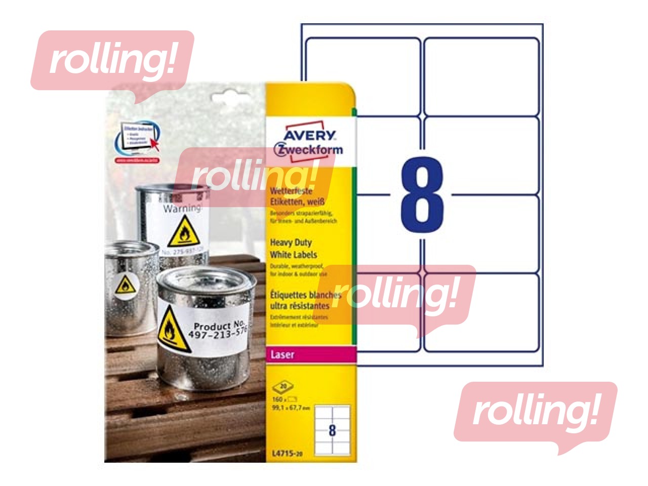 Uzlīmes AVERY Zveckform Heavy Duty,  A4 , 20 loksnes, 99.1x67.7mm, baltas