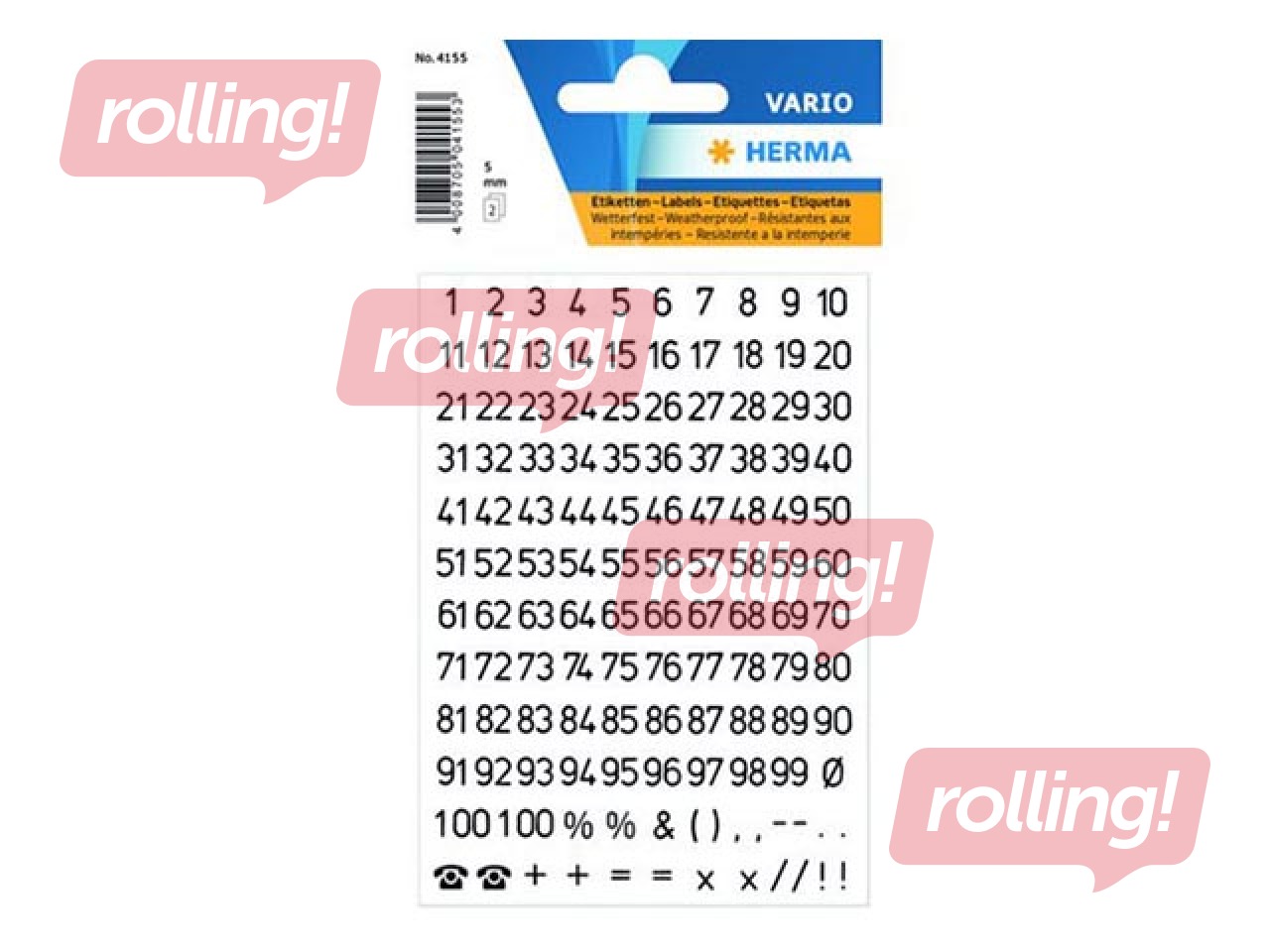 Uzlīmes - cipari Herma, 5 mm, 1-100, caurspīdīgs pamats, ūdensnoturīgas, 2 loksnes