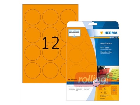 Наклейки Herma, A4, Ø 60 mm, 20 листов, стойкие, неоново-орнжевые