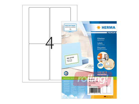 Uzlīmes Herma Premium, baltas, A4, 78.7x139.7mm, 100 loksnes
