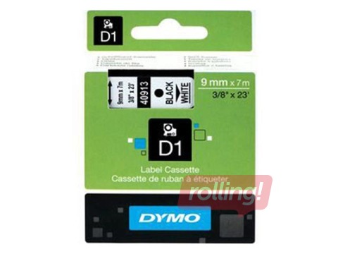 Marķēšanas lente Dymo D1, 9 mm x 7m, melni burti uz balta fona