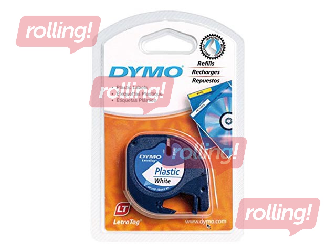 Markeerimislint Dymo, 12 mm x 4 m, kile, valge, mustad tähed