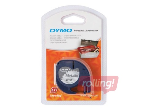Marķēšanas lente Dymo, 12 mm x 4 m, metāliska, melni burti uz sudraba fona