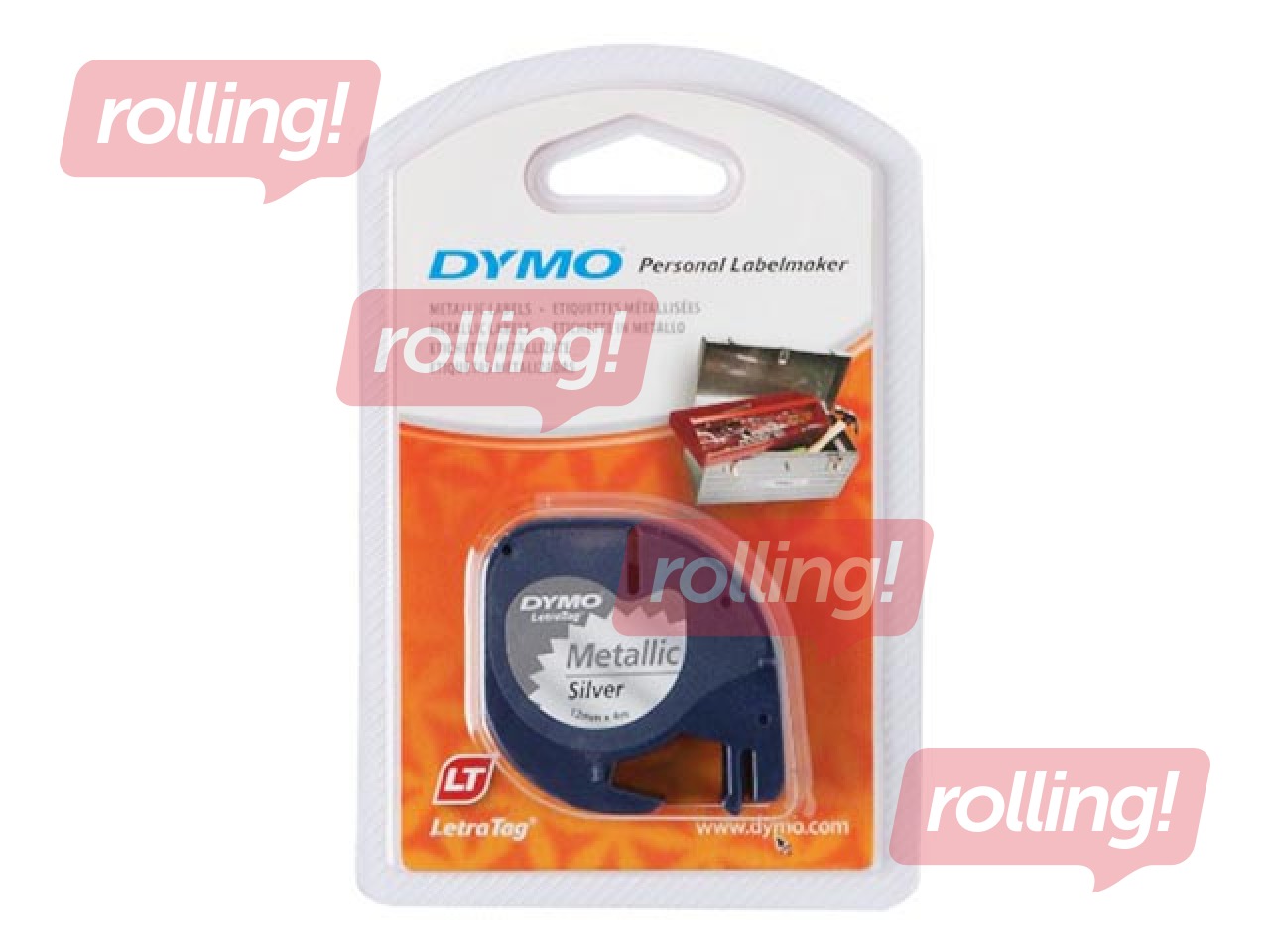 Marking label Dymo, 12 mm x 4 m, metallic, silver, black letters