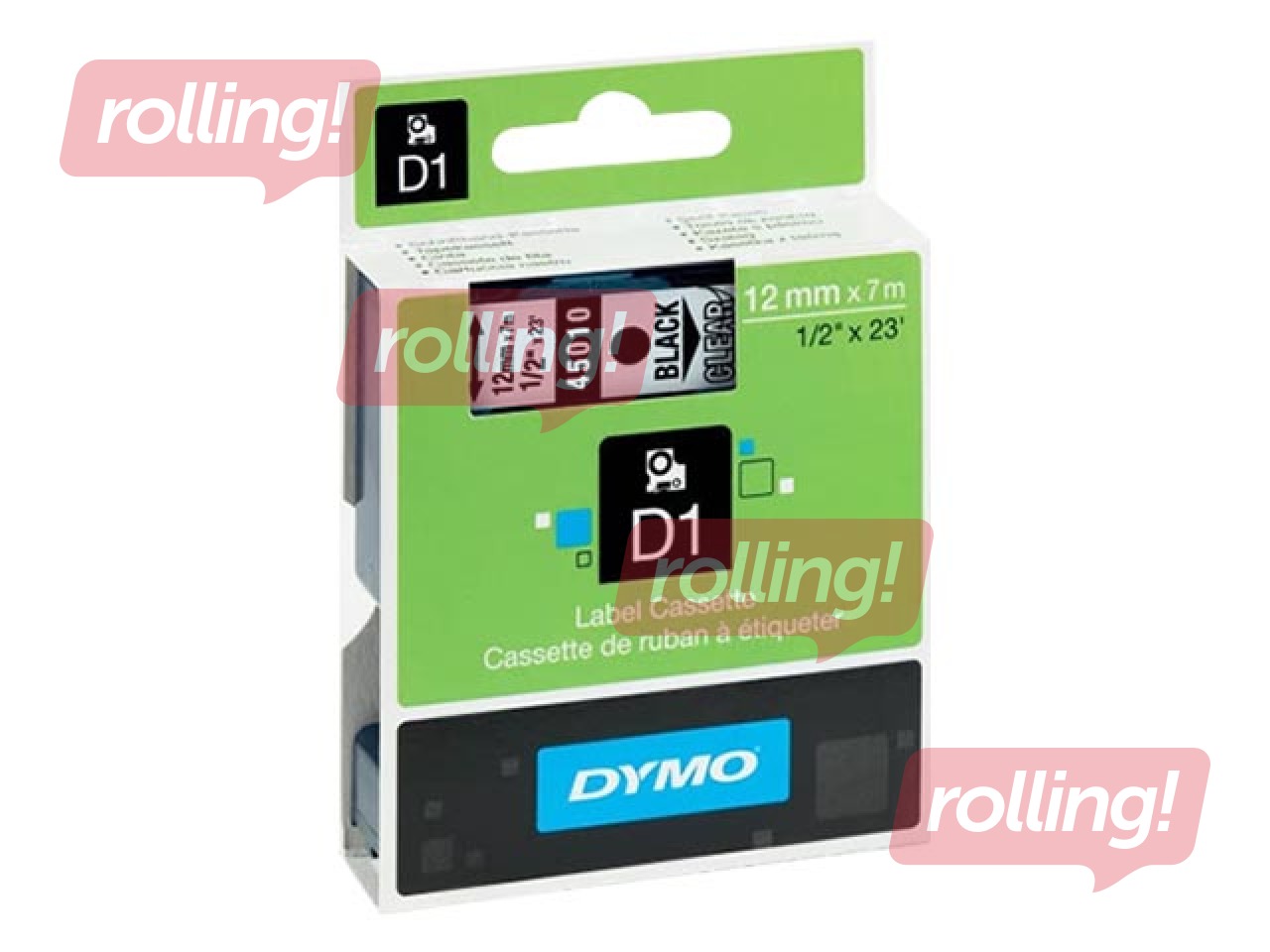 Markeerimislint DYMO D1, 12 mm x 7 m, mustad tähed läbipaistval tagusel