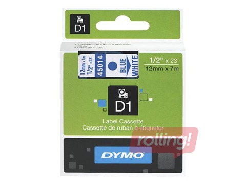 Маркировочная лента Dymo D1, 12 мм x 7м, синие буквы на белом фоне