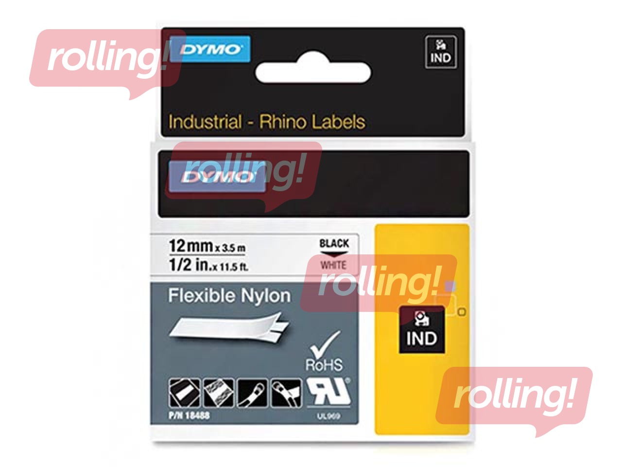 Markeerimislint Dymo Rhino, 12 mm x 3.5 m, valge, must kirjad